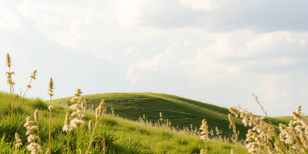 Rolling green hills with tall grassの素材