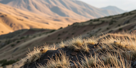 Close-up of golden grass in a mountain range.の素材