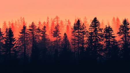 Sunset in the forest with silhouettes of spruce and pine treesの素材