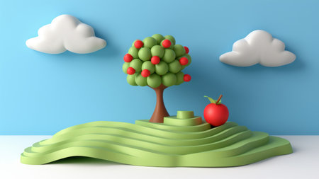 Apple tree on the green hill. 3d illustration. Blue background.の素材