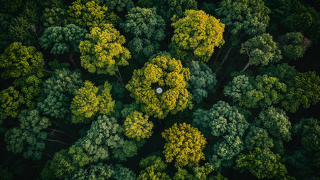 Aerial view of green trees in forest. Top view of green trees in forest.の素材
