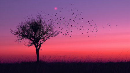 Silhouette of tree with flying birds at sunset, 3d renderの素材