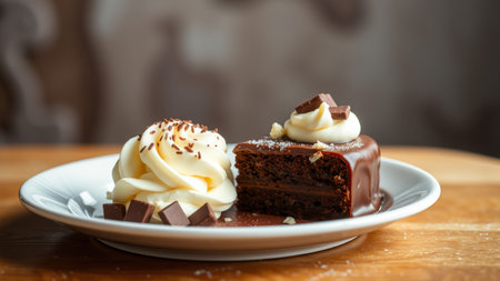 Close-up of a chocolate cake with whipped cream.の素材