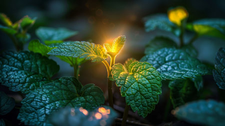 Close up of green leaves with light in the morning. Nature backgroundの素材
