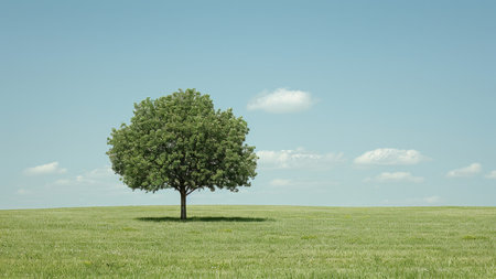 Lonely tree on a green meadow with blue sky backgroundの素材