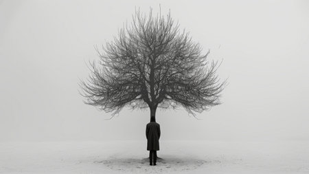 Conceptual image of a man standing in front of a tree.の素材