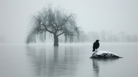 Beautiful winter landscape with big tree in the fog and cormorantの素材