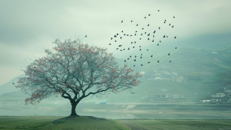 Beautiful tree with flying birds on the background of the foggy mountainの素材