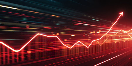 Red line graph shows an upward trend.の素材