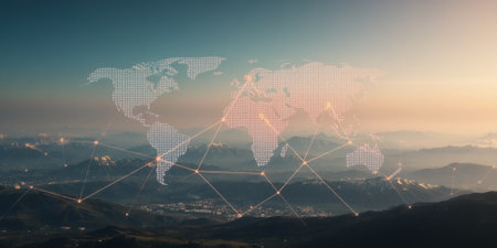 World map outline with connections over a mountain range.の素材