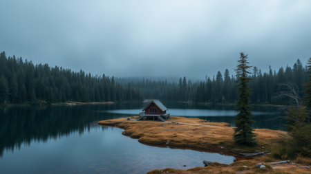 A small cabin sits on a tranquil lake surrounded by trees.の素材