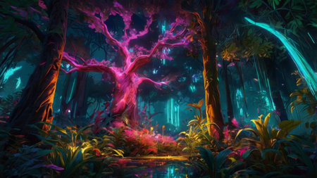 Magical forest with glowing trees and a vibrant atmosphere.の素材