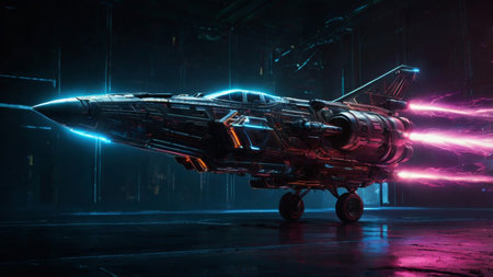 Futuristic spaceship with glowing pink exhaust.の素材