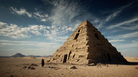 A lone figure walks towards a large, ancient pyramid in the desert.の素材