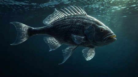 A close-up of a black fish swimming underwater.の素材