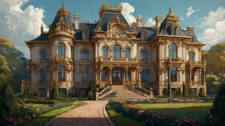 A grand, white mansion with golden accents and a long driveway.の素材