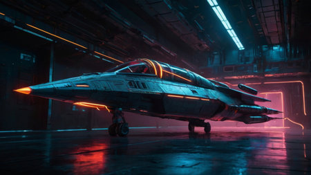 Futuristic spaceship in a hangar with neon lightsの素材
