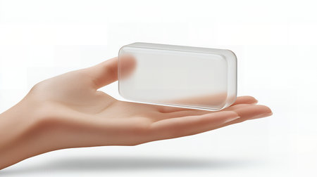 Hand holding a clear frosted rectangle.の素材