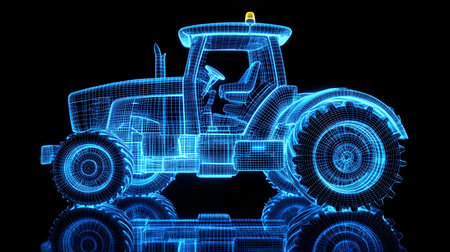 Wireframe of a tractor against a black background.の素材