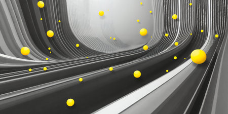 Yellow spheres float in a grey, abstract space.の素材