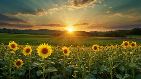 Sunflowers bask in the golden light of sunset.の素材