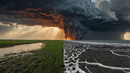 Dark clouds hang over a field, a dramatic contrast between the black smoke and the green grass.の素材