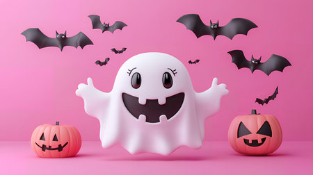 A friendly ghost smiles with pumpkins and bats on a pink background.の素材