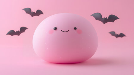 Pink cartoon ghost with a smile surrounded by bats.の素材