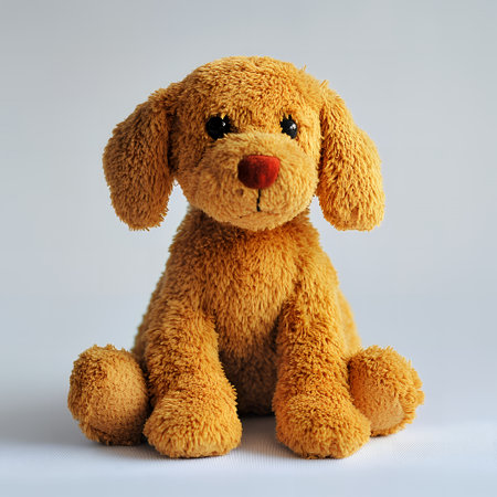 Adorable brown plush toy dog sitting against a white background.の素材
