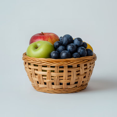 A woven basket filled with grapes, apples, and a yellow pear.の素材