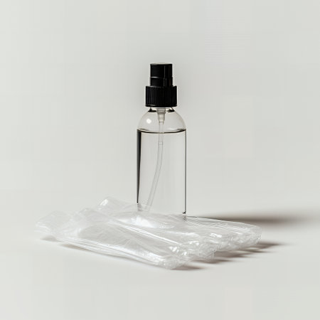 A clear spray bottle with a black lid sits on a white background with clear plastic bubble wrap.の素材