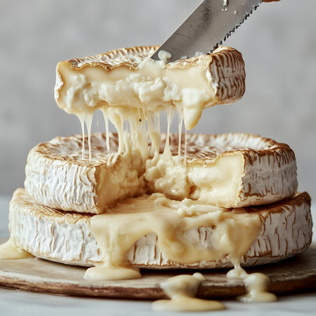 A knife lifts a slice of creamy brie cheese, revealing its gooey, melted interior.の素材