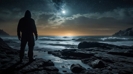A lone figure stands silhouetted against a starry night sky.の素材