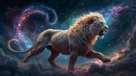A majestic lion roars in a cosmic landscape.の素材