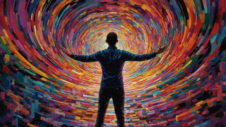 Man standing in a vibrant, swirling vortex of color.の素材