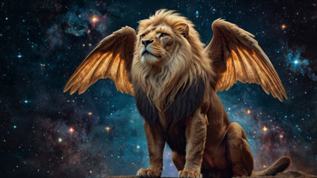 A majestic lion with wings, gazing up at the starry night sky.の素材