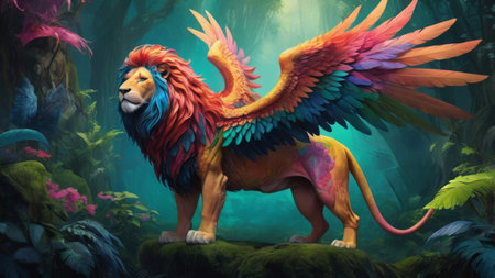 A majestic, winged lion stands tall in a lush forest, its vibrant colors a testament to its power.の素材