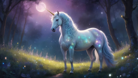 Magical unicorn in a moonlit forestの素材