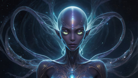 A woman with glowing skin and pointed ears looks at the camera with an ethereal glowの素材