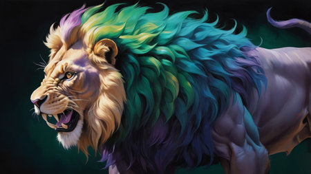 A majestic lion with a vibrant mane of green, blue, and purple.の素材