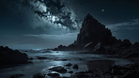 Silhouetted cliffs stand tall against a starry night sky.の素材