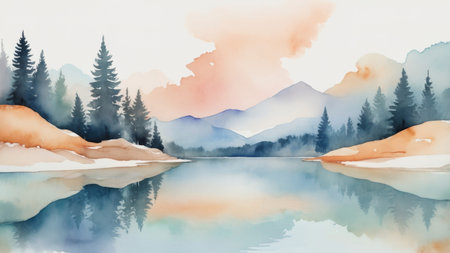 Watercolor painting of a serene mountain lake.の素材
