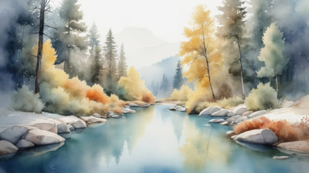 Tranquil river scene with fall foliage.の素材