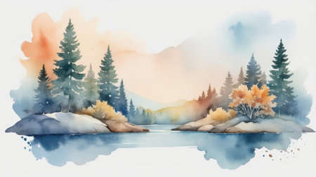 Watercolor painting of a tranquil lake scene.の素材