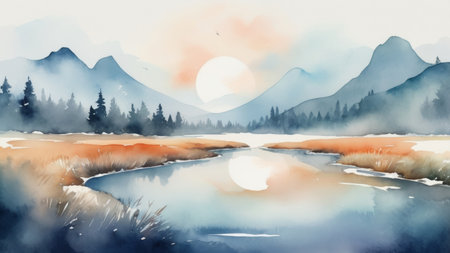 Watercolor painting of a mountain lake at sunset.の素材