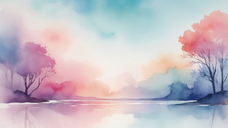 Watercolor landscape with trees and a lakeの素材