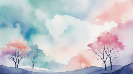 Watercolor painting of trees in a landscape.の素材