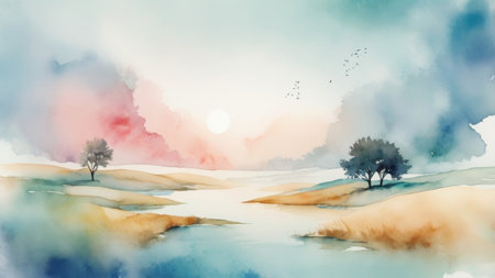 Watercolor painting of a peaceful landscape with a river and trees.の素材