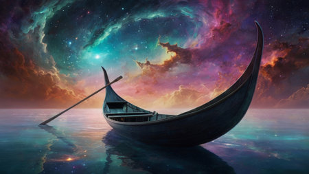 A lone boat drifts on a tranquil sea under a swirling, colorful sky.の素材