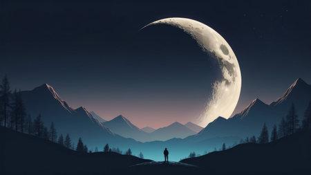 Silhouette of a man standing before a crescent moon and mountains.の素材
